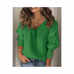 Women's Spring Autumn Loose Long Sleeve Knitted Top Solid V-Neck Knit Sweater T-shirt Pullover Female Tops For Women - green, ...