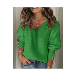 Women's Spring Autumn Loose Long Sleeve Knitted Top Solid V-Neck Knit Sweater T-shirt Pullover Female Tops For Women - green, S