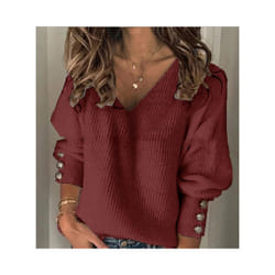 Women's Spring Autumn Loose Long Sleeve Knitted Top Solid V-Neck Knit Sweater T-shirt Pullover Female Tops For Women - Claret, S