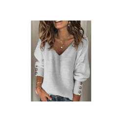Women's Spring Autumn Loose Long Sleeve Knitted Top Solid V-Neck Knit Sweater T-shirt Pullover Female Tops For Women - GRAY, L