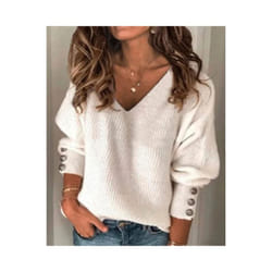 Women's Spring Autumn Loose Long Sleeve Knitted Top Solid V-Neck Knit Sweater T-shirt Pullover Female Tops For Women - WHITE, XXXL
