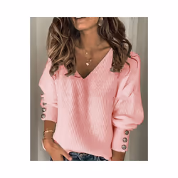 Women's Spring Autumn Loose Long Sleeve Knitted Top Solid V-Neck Knit Sweater T-shirt Pullover Female Tops For Women - Pink, ...