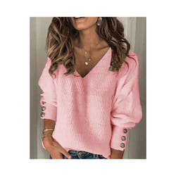 Women's Spring Autumn Loose Long Sleeve Knitted Top Solid V-Neck Knit Sweater T-shirt Pullover Female Tops For Women - Pink, M
