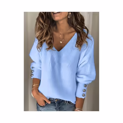 Women's Spring Autumn Loose Long Sleeve Knitted Top Solid V-Neck Knit Sweater T-shirt Pullover Female Tops For Women - Pink, M