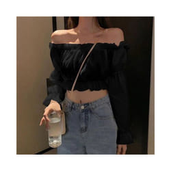 Women Top Sexy Blouse Off Shoulder Top Long Sleeve Solid Color White Shirt Puff Sleeve Ruffle Tunic Crop Top Summer Tube Top - black, L