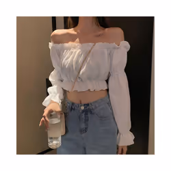Women Top Sexy Blouse Off Shoulder Top Long Sleeve Solid Color White Shirt Puff Sleeve Ruffle Tunic Crop Top Summer Tube Top - WHITE, XL