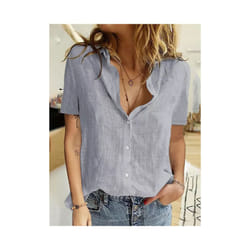 Casual Summer Short Sleeve Solid Loose Shirts Women Elegant Vintage Harajuku Cotton and Linen Blouses and Tops Oversized Tunic - GRAY, L