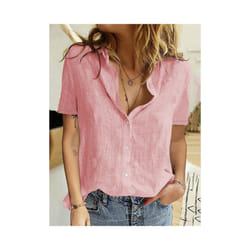Casual Summer Short Sleeve Solid Loose Shirts Women Elegant Vintage Harajuku Cotton and Linen Blouses and Tops Oversized Tunic - Pink, S