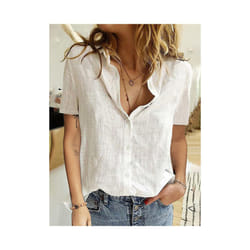 Casual Summer Short Sleeve Solid Loose Shirts Women Elegant Vintage Harajuku Cotton and Linen Blouses and Tops Oversized Tunic - WHITE, XXL