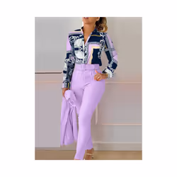 Women's Printed Long Sleeved Shirt Suit Spring Summer Slim High Waist Lace Up Elegant Female Office Pencil Pants Two Piece Se ...