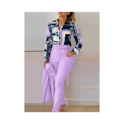 Women's Printed Long Sleeved Shirt Suit Spring Summer Slim High Waist Lace Up Elegant Female Office Pencil Pants Two Piece Set - Light Purple, XL