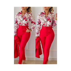 Women's Printed Long Sleeved Shirt Suit Spring Summer Slim High Waist Lace Up Elegant Female Office Pencil Pants Two Piece Set - Red, XL
