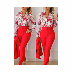 Women's Printed Long Sleeved Shirt Suit Spring Summer Slim High Waist Lace Up Elegant Female Office Pencil Pants Two Piece Se ...