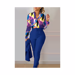Women's Printed Long Sleeved Shirt Suit Spring Summer Slim High Waist Lace Up Elegant Female Office Pencil Pants Two Piece Se ...