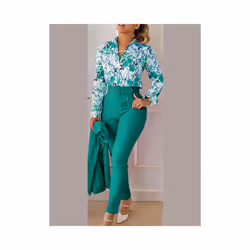 Women's Printed Long Sleeved Shirt Suit Spring Summer Slim High Waist Lace Up Elegant Female Office Pencil Pants Two Piece Se ...