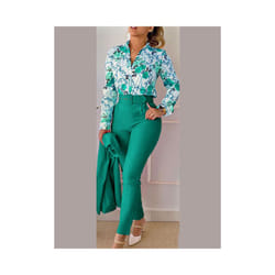 Women's Printed Long Sleeved Shirt Suit Spring Summer Slim High Waist Lace Up Elegant Female Office Pencil Pants Two Piece Set - green, XL