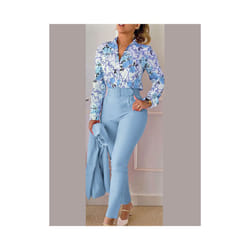Women's Printed Long Sleeved Shirt Suit Spring Summer Slim High Waist Lace Up Elegant Female Office Pencil Pants Two Piece Set - SKY BLUE, M