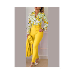 Women's Printed Long Sleeved Shirt Suit Spring Summer Slim High Waist Lace Up Elegant Female Office Pencil Pants Two Piece Set - Yellow, XL