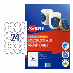 Avery 910007, White, Self-adhesive printer label, A4, Paper, Laser/Inkjet, Removable