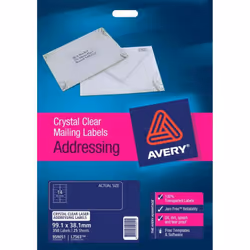 Avery Crystal Clear Address Labels, Transparent, Self-adhesive printer label, A4, Laser, Rectangle, 9.91 cm