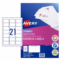 Avery 959090, White, Self-adhesive printer label, A4, Paper, Laser, Permanent