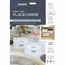 Avery White Printable Folded Placecards, White, Self-adhesive printer label, A4, Laser/Inkjet, Rectangle, 40 pc(s)