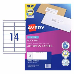 Avery 952003, White, Self-adhesive printer label, A4, Paper, Laser, Permanent