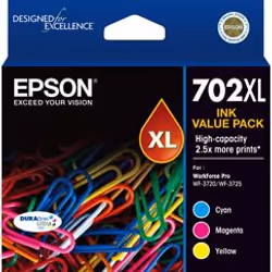Epson 702XL, High (XL) Yield, Cyan, Magenta, Yellow, Pigment-based ink