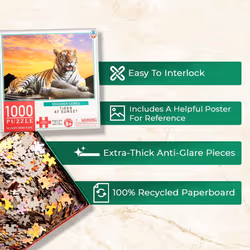 Tiger at Sunset 1000 Piece Puzzle for Adults & Kids | 27 x 20 Inch Jigsaw Puzzles Game with Extra Thick Pieces That Fit Together Easily | Made from Re