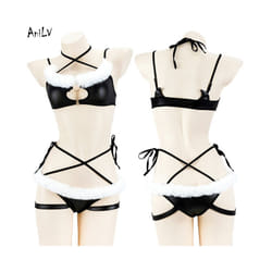 AniLV Winter Furry Bandage Strap Devil Unifrom Women Hollow Bikini Outfits Costumes Cosplay