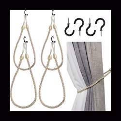 Curtain Tiebacks Ropes 4 Pack, Curtain Holdbacks with 4 Screw Hooks A