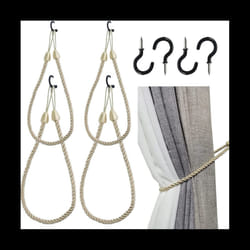 Curtain Tiebacks Ropes 4 Pack, Curtain Holdbacks with 4 Metal Screw Hooks,Holders Cord for Thin or Thick Window Drapes A