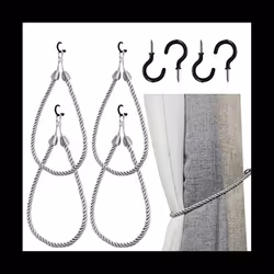 Curtain Tiebacks Ropes 4 Pack, Curtain Holdbacks with 4 Metal Screw Hooks,Holders Cord for Thin or Thick Window Drapes B