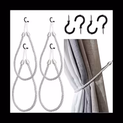 Curtain Tiebacks Ropes 4 Pack, Curtain Holdbacks with 4 Metal Screw Hooks,Holders Cord for Thin or Thick Window Drapes B