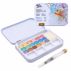 Mont Marte Premium Metallic Watercolor Cake Set  21 Piece  18 Colors  1 Water Brush  1 Sponge  4 Mixing Wells
