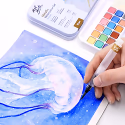 Mont Marte Premium Metallic Watercolor Cake Set  21 Piece  18 Colors  1 Water Brush  1 Sponge  4 Mixing Wells