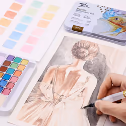 Mont Marte Premium Metallic Watercolor Cake Set  21 Piece  18 Colors  1 Water Brush  1 Sponge  4 Mixing Wells