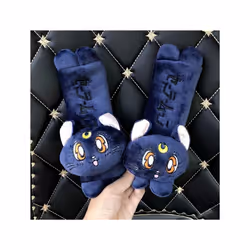 Plush kitty Car Pillows Luna Cat Seat Neck Support Car Headrest Pillow - 2 belt  blue