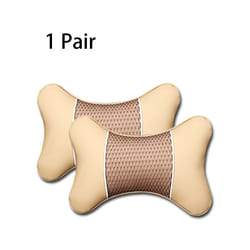 2Pcs PU Leather Knitted Car Pillows Headrest Neck Rest Cushion Support - B-Beige 2X