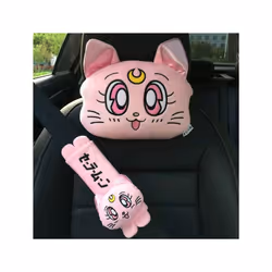 Plush kitty Car Pillows Luna Cat Seat Neck Support Car Headrest Pillow - 1 set blue