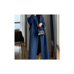 Autumn Winter Women Woolen Cloth Coat Warm Long Length Double Breasted - L, Navy
