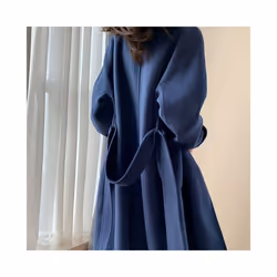 Autumn Winter Women Woolen Cloth Coat Warm Long Length Double Breasted - L, Navy