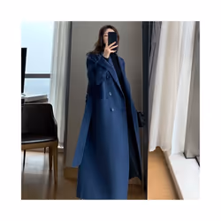 Autumn Winter Women Woolen Cloth Coat Warm Long Length Double Breasted - L, Navy