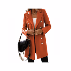 Autumn Winter Women Lapel Trench Coat Long Sleeve Button Slim Mid-leng - L, Orange