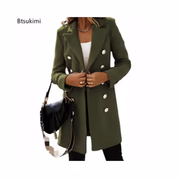 Autumn Winter Women Lapel Trench Coat Long Sleeve Button Slim Mid-leng - L, Orange
