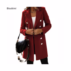 Autumn Winter Women Lapel Trench Coat Long Sleeve Button Slim Mid-leng - L, Orange