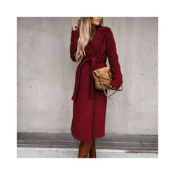 Jocoo Jolee Autumn Winter Warm Long Women Woolen Coat with Belt Casual - S, Burgundy