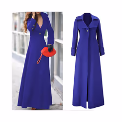 Autumn and Winter Woolen Cashmere Coat One Button Women's Long Coat Tr - L, Blue