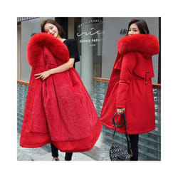 , red) Fashion Coat Winter Fake Fur Collar Oversized Long Jacket Woman Warm L - M(47-53kg