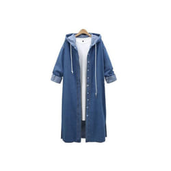 2024 New Spring Autumn Hooded Solid Long Sleeves Denim Women Coat High - L, Blue